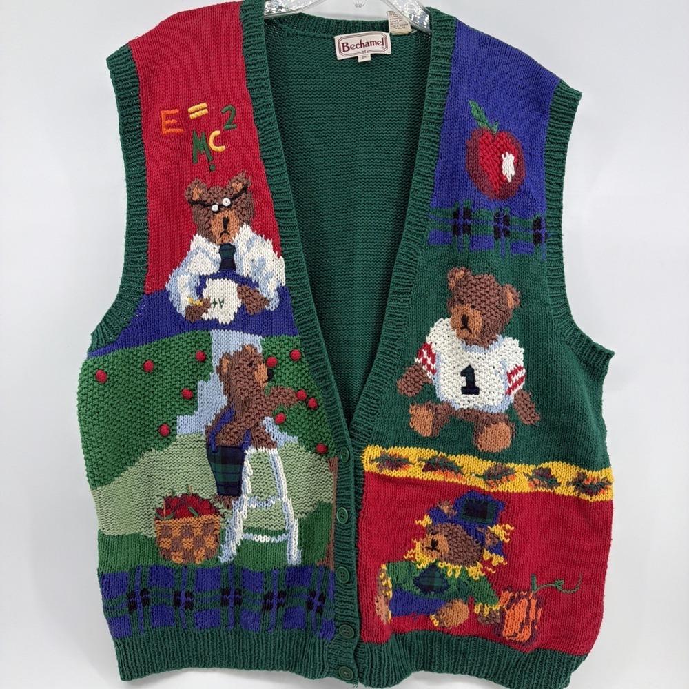 Vintage Bechamel II Knit Bear Sweater Vest  Autumn Fall Football Size 2XL